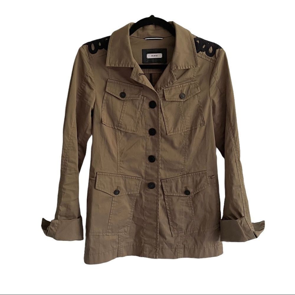 RIANI Cotton Stretch Button Front Long Sleeve Jacket Green Black 2